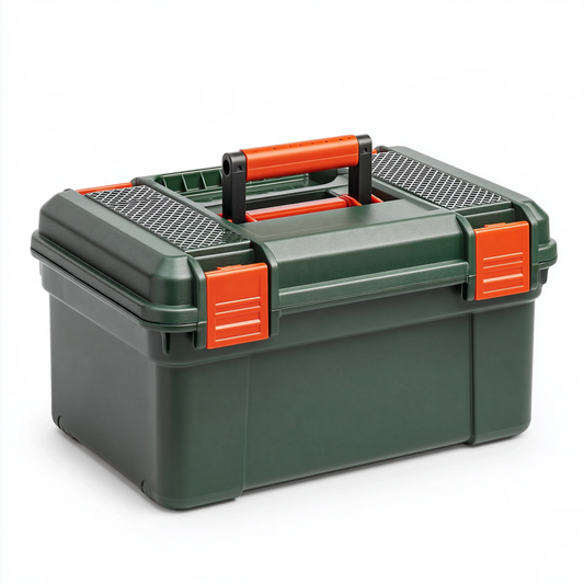 Boîte à outils 50 x 26 x 25 cm en plastique vert foncé et orange avec poignée et compartiments