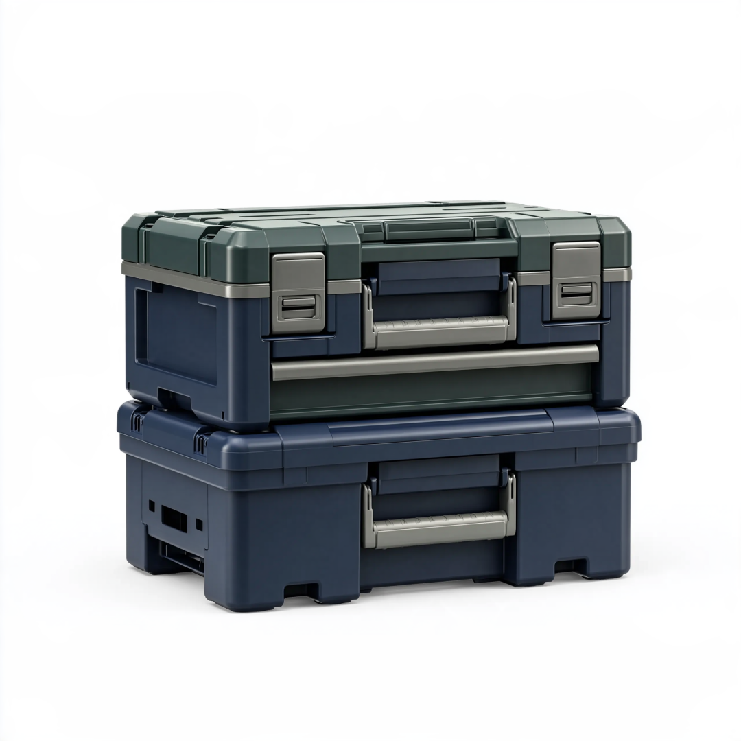 Lot de boîtes de rangement 60 cm et 52 cm en plastique bleu marine gris à poignées verrouillables