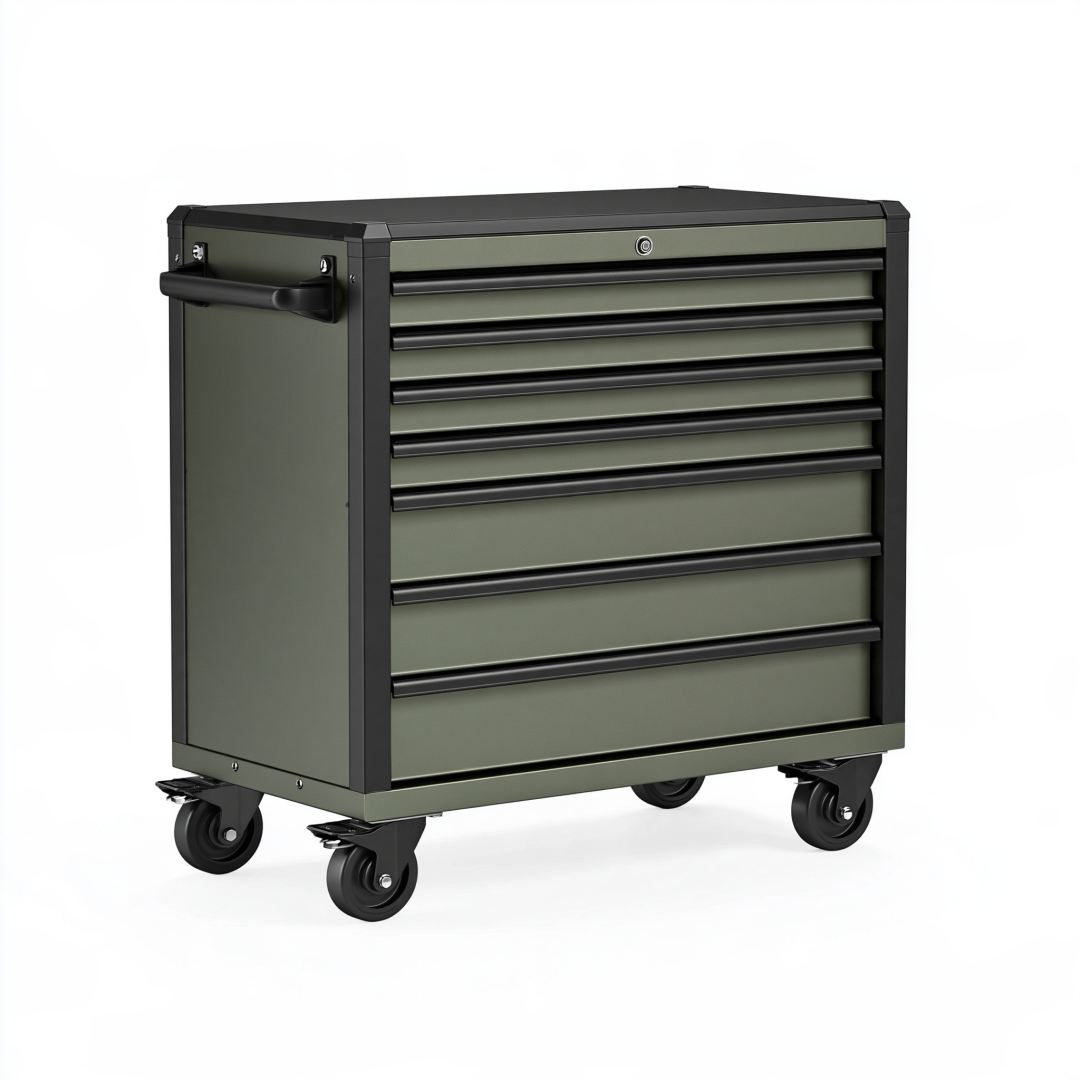 Servante d atelier 80 x 46 x 97 cm en acier vert kaki et noir à 7 tiroirs sur roulettes