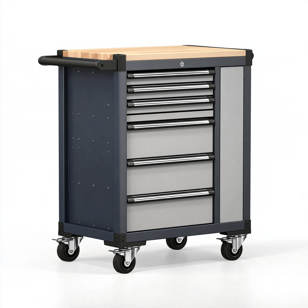 Servante d'atelier 86 x 46 x 95 cm en acier noir et gris avec 7 tiroirs et plan de travail en bois