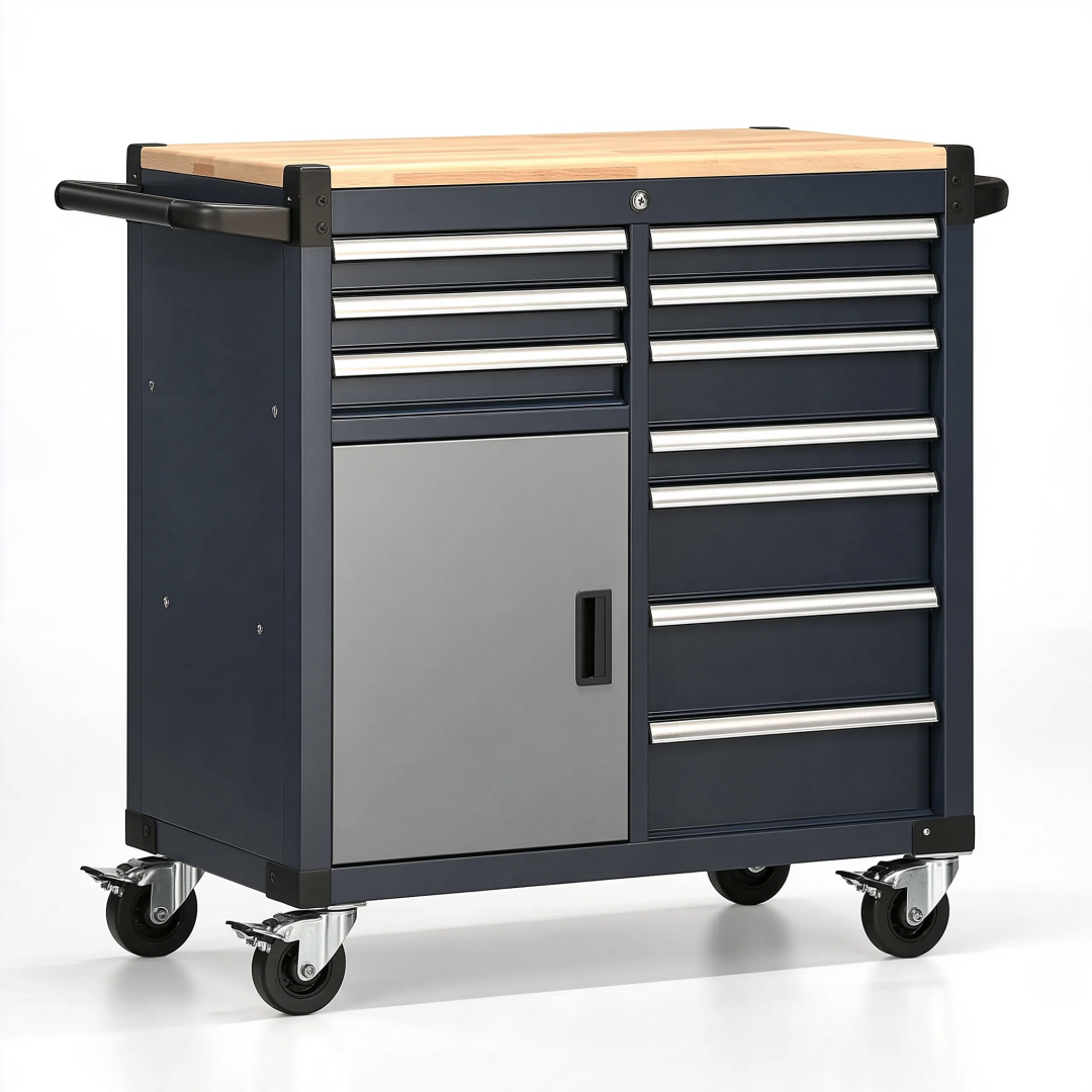 Servante d'atelier 113 cm en acier noir avec plan de travail en bois et 10 tiroirs sur roulettes
