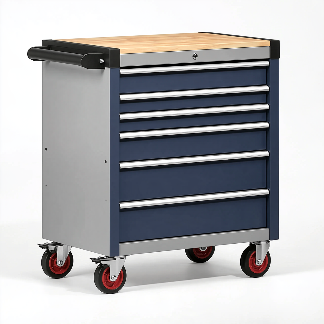 Servante d'atelier 77 x 46 x 98 cm en acier bleu gris avec plateau en bois 7 tiroirs mobile