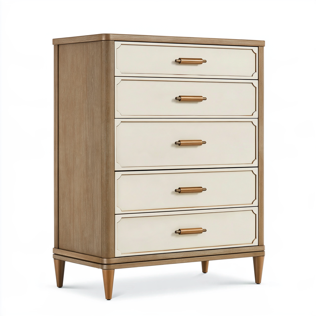 Commode 80 x 42 x 110 cm en bois beige et crème à 5 tiroirs style contemporain