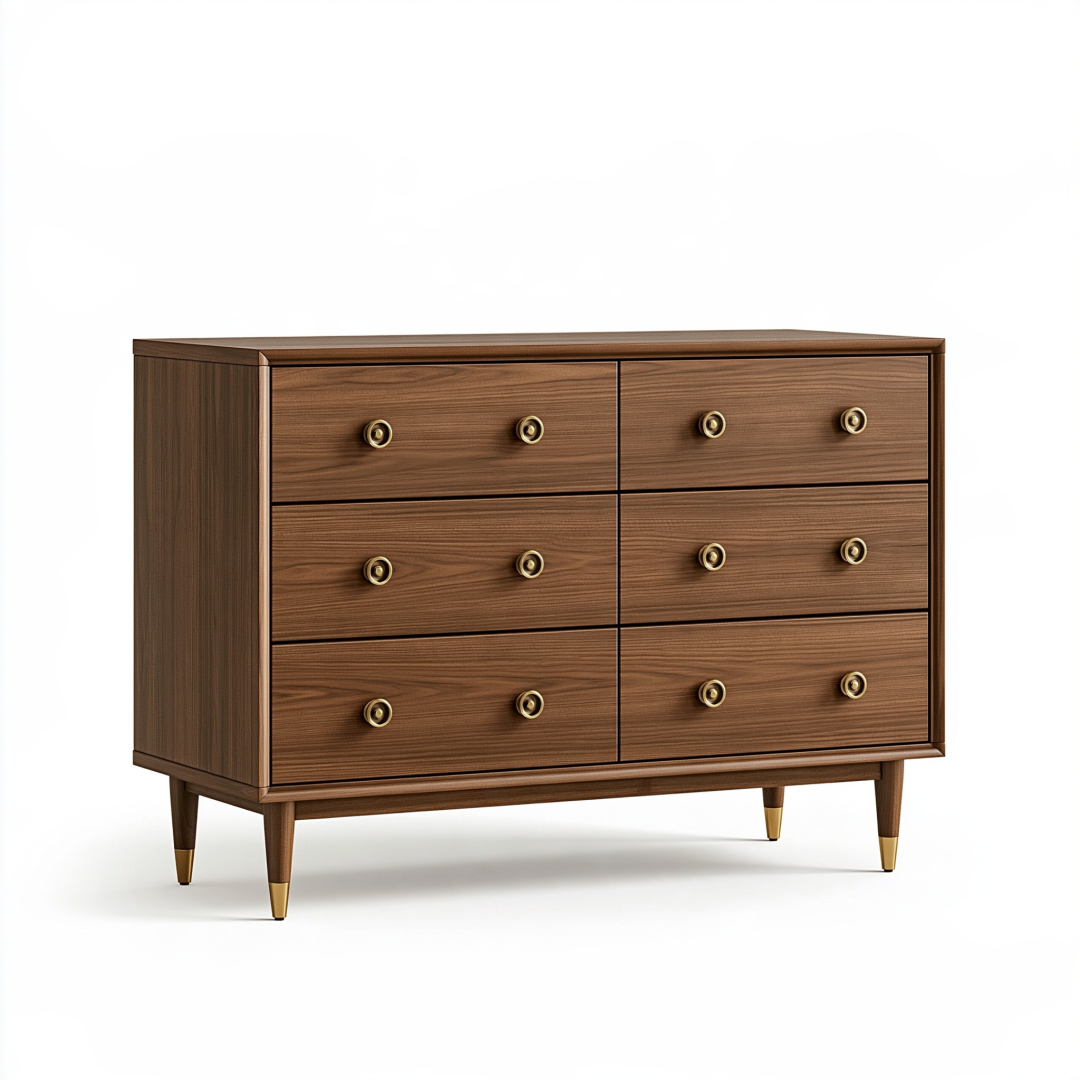 Commode 120 cm en bois brun noyer à 6 tiroirs style rétro