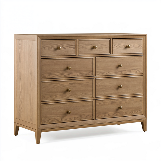 Commode 150 x 45 x 140 cm en bois brun à 9 tiroirs style classique