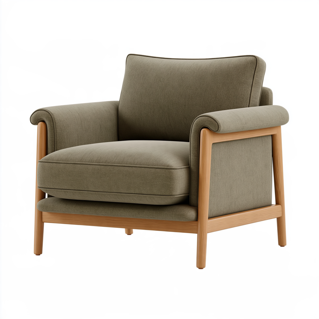 Fauteuil 85 x 80 x 85 cm en tissu vert kaki et bois style contemporain