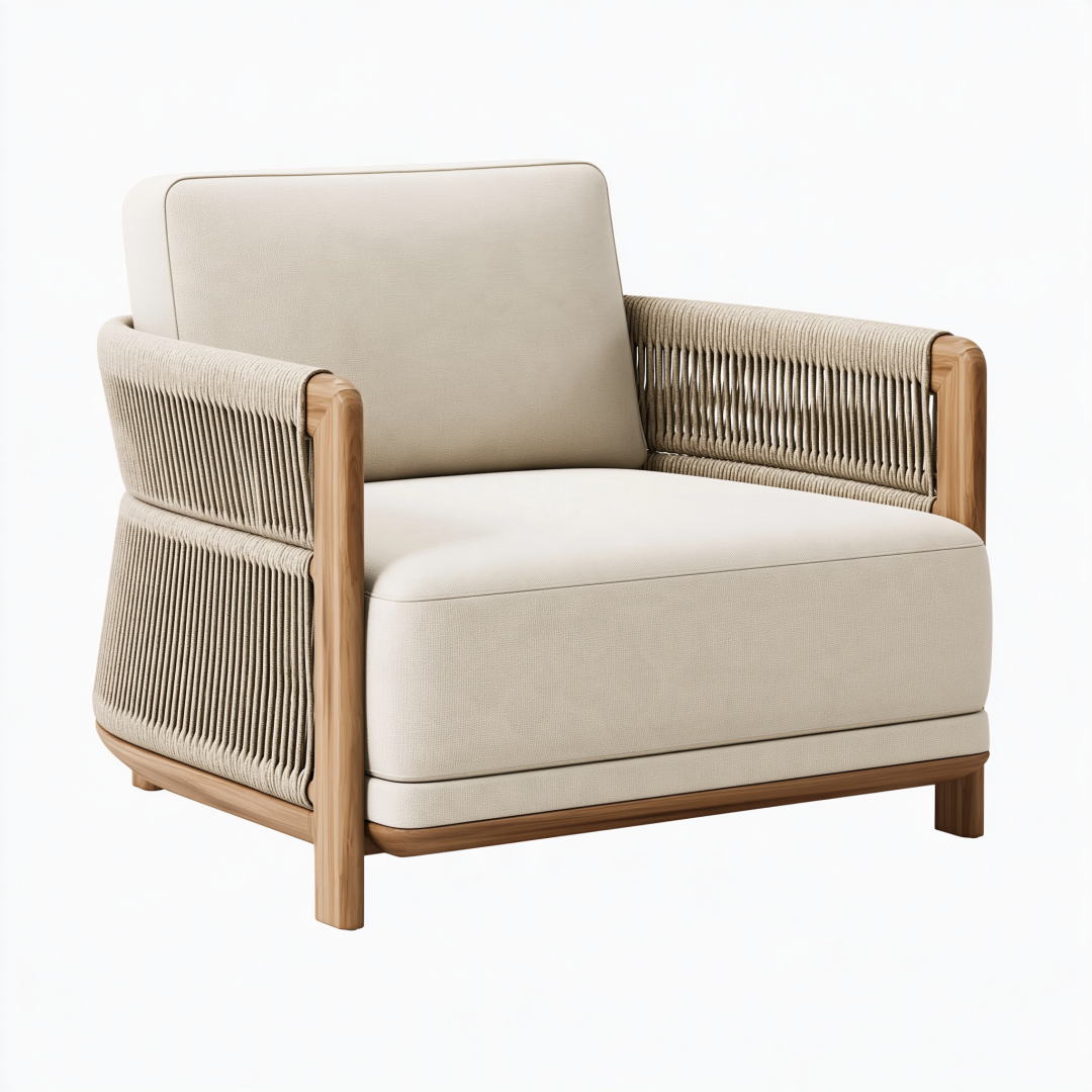 Fauteuil 80 x 84 x 85 cm en bois corde et tissu beige style naturel