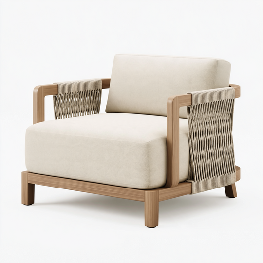 Fauteuil 80 x 85 x 78 cm en bois corde tressée et tissu beige pour salon style contemporain