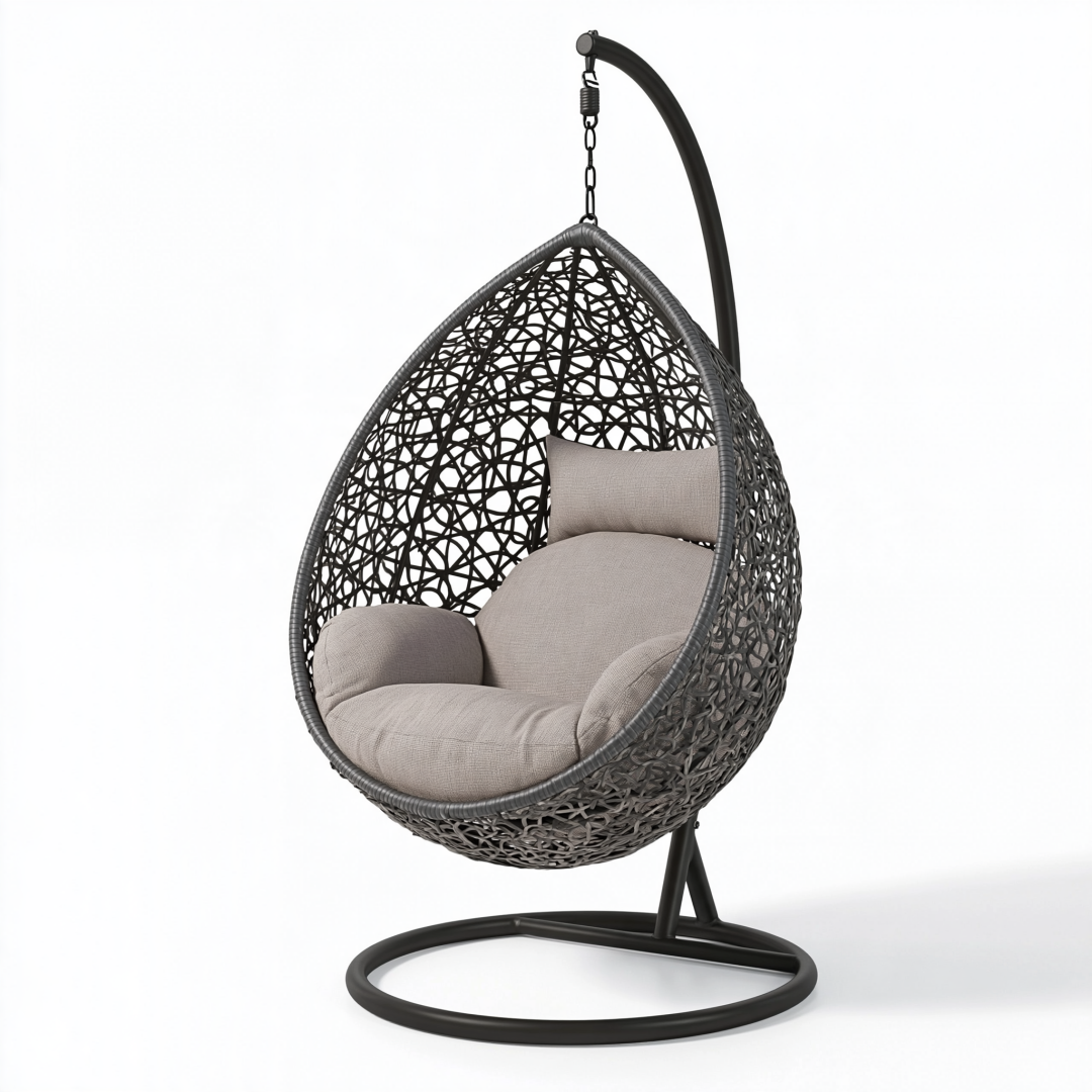Fauteuil suspendu 105 x 105 x 195 cm en résine tressée noir et coussin taupe pour intérieur extérieur