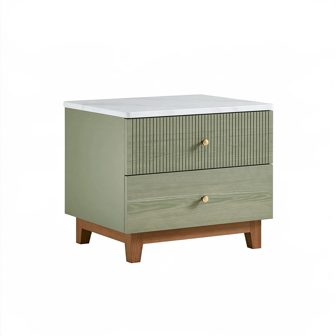 Table de chevet 60 x 40 x 55 cm en bois vert sauge à 2 tiroirs style contemporain