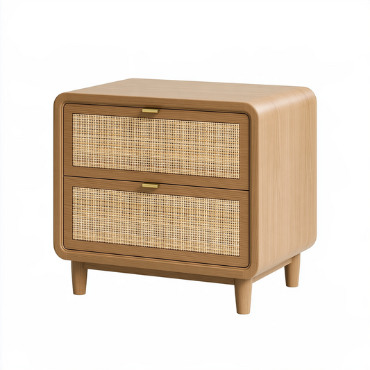Table de chevet 60 x 40 x 65 cm en bois naturel avec cannage - 2 tiroirs style rétro