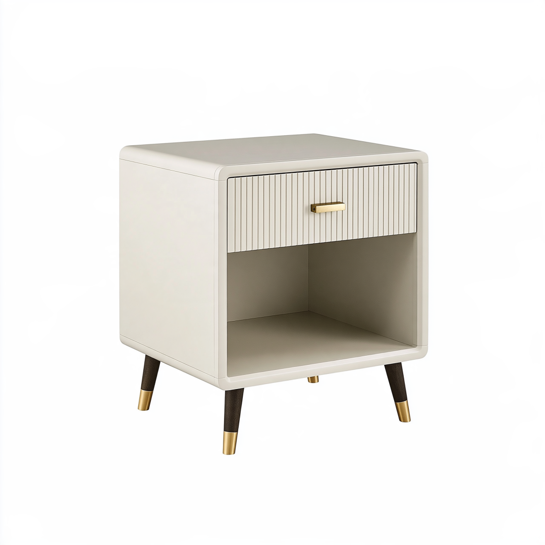 Table de chevet 45 x 40 x 60 cm en bois ivoire avec tiroir et niche style contemporain